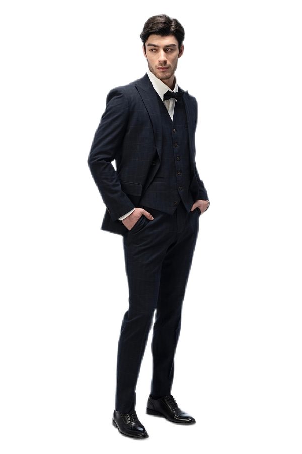 Dark Blue Plaid Closure Collar Suit