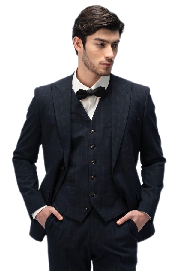 Dark Blue Plaid Closure Collar Suit