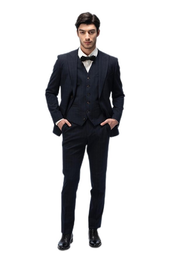 Dark Blue Plaid Closure Collar Suit