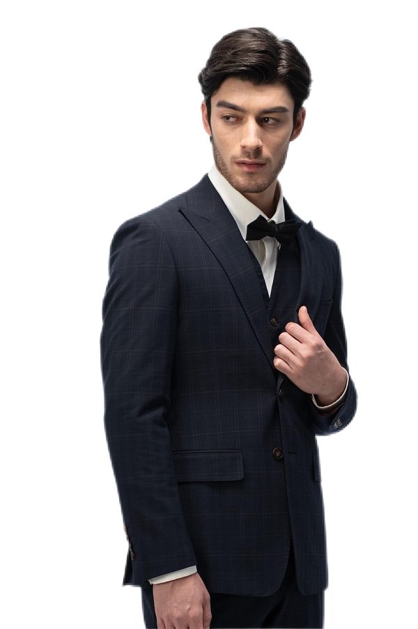 Dark Blue Plaid Closure Collar Suit