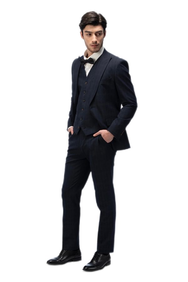 Dark Blue Plaid Closure Collar Suit