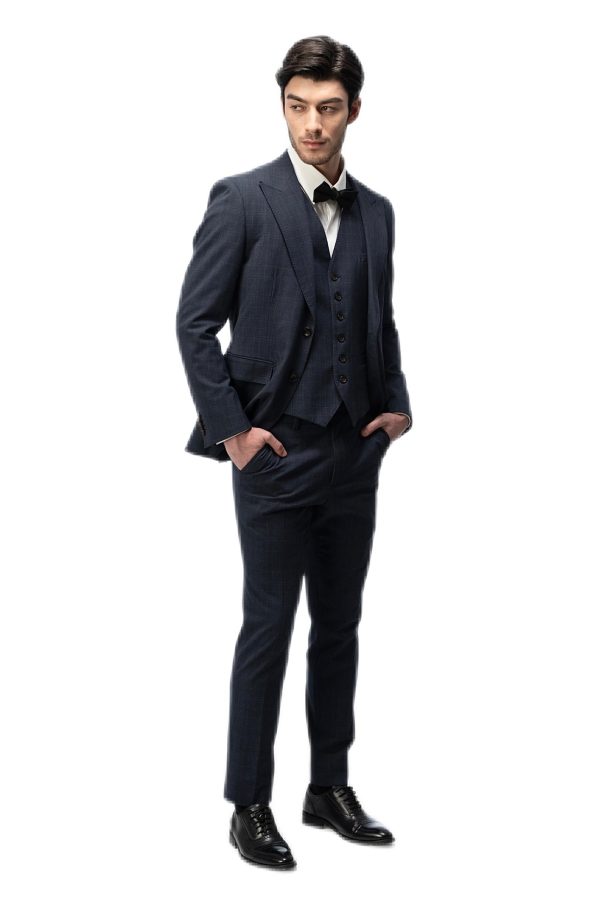 Dark Blue Plaid Closure Collar Suit