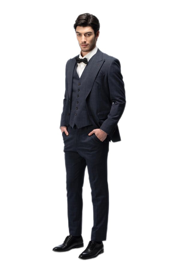 Dark Blue Plaid Closure Collar Suit