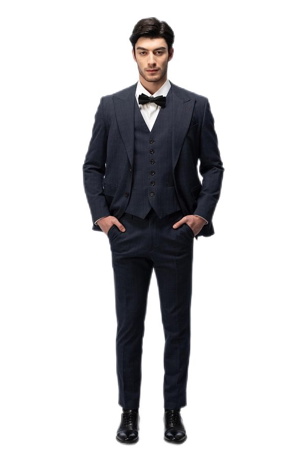 Dark Blue Plaid Closure Collar Suit