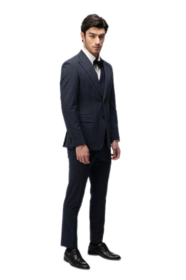 Dark Blue Plaid Closure Collar Suit
