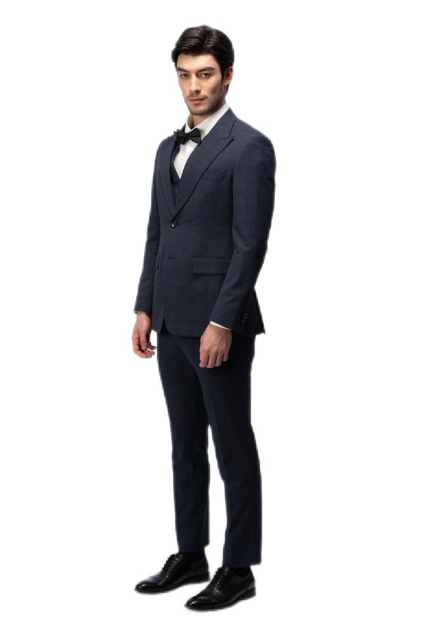 Dark Blue Plaid Closure Collar Suit