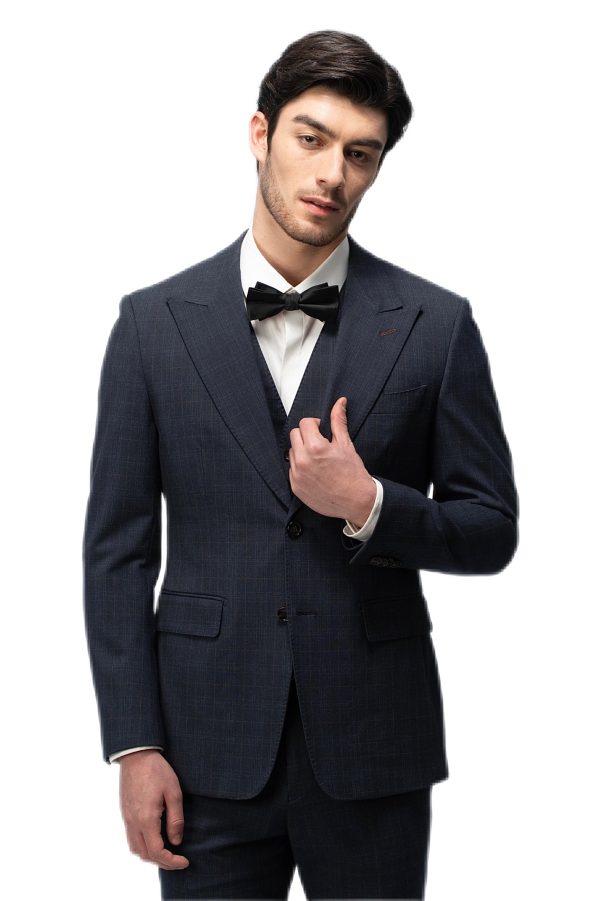 Dark Blue Plaid Closure Collar Suit