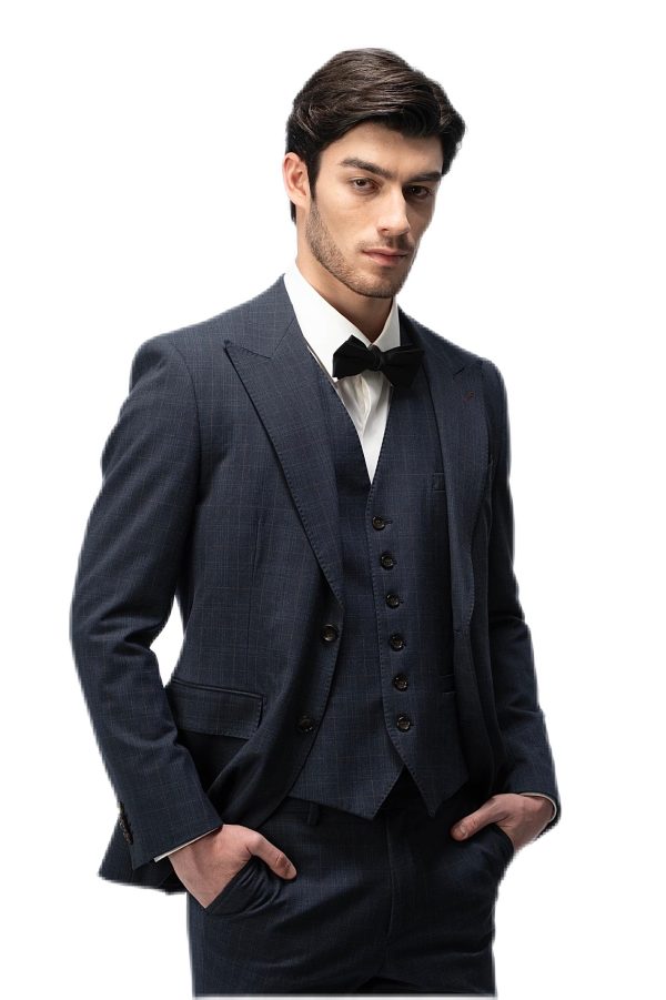 Dark Blue Plaid Closure Collar Suit