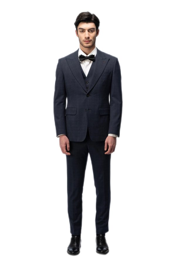 Dark Blue Plaid Closure Collar Suit