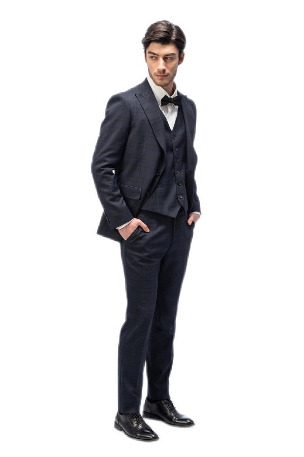 Dark Blue Plaid Closure Collar Suit