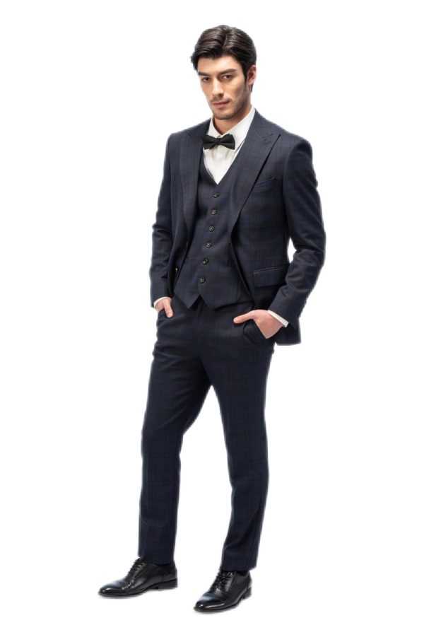 Dark Blue Plaid Closure Collar Suit