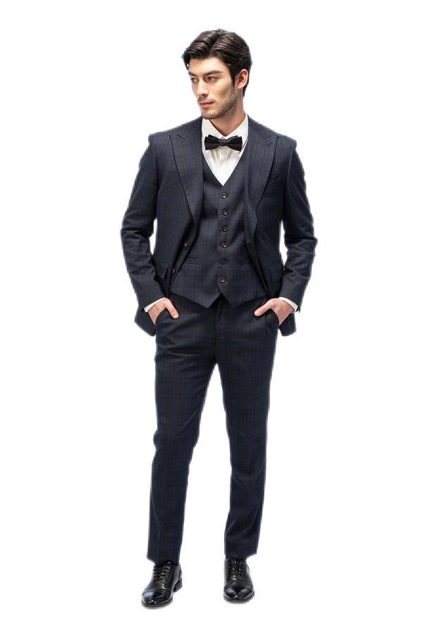 Dark Blue Plaid Closure Collar Suit