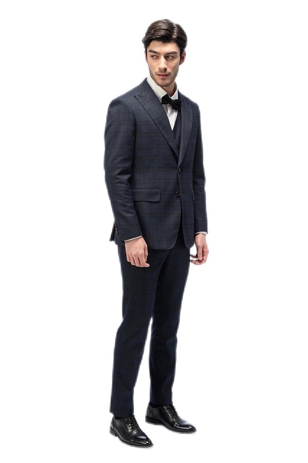 Dark Blue Plaid Closure Collar Suit