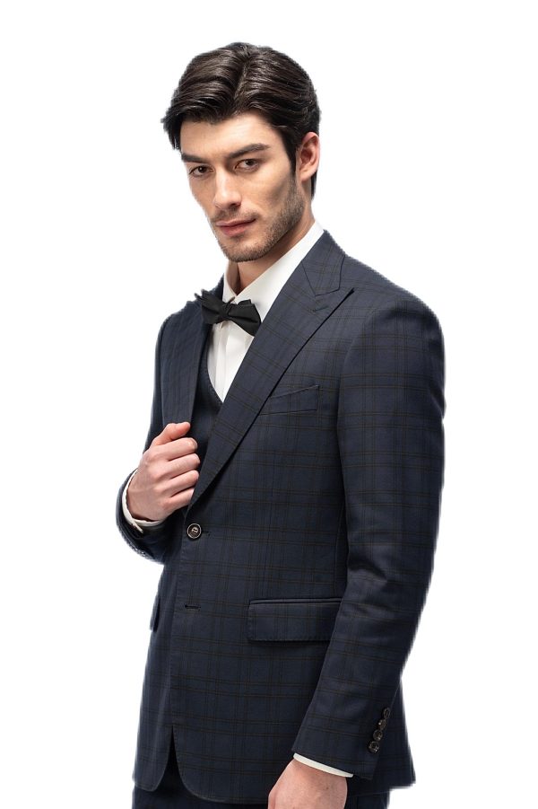 Dark Blue Plaid Closure Collar Suit