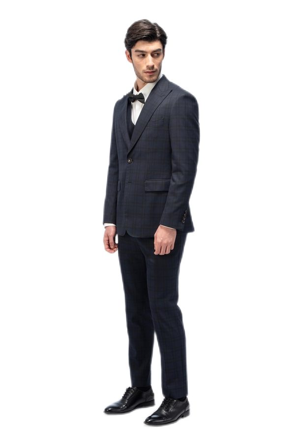 Dark Blue Plaid Closure Collar Suit