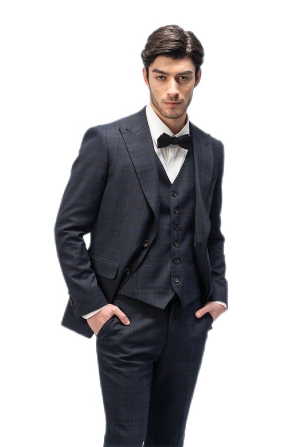 Dark Blue Plaid Closure Collar Suit