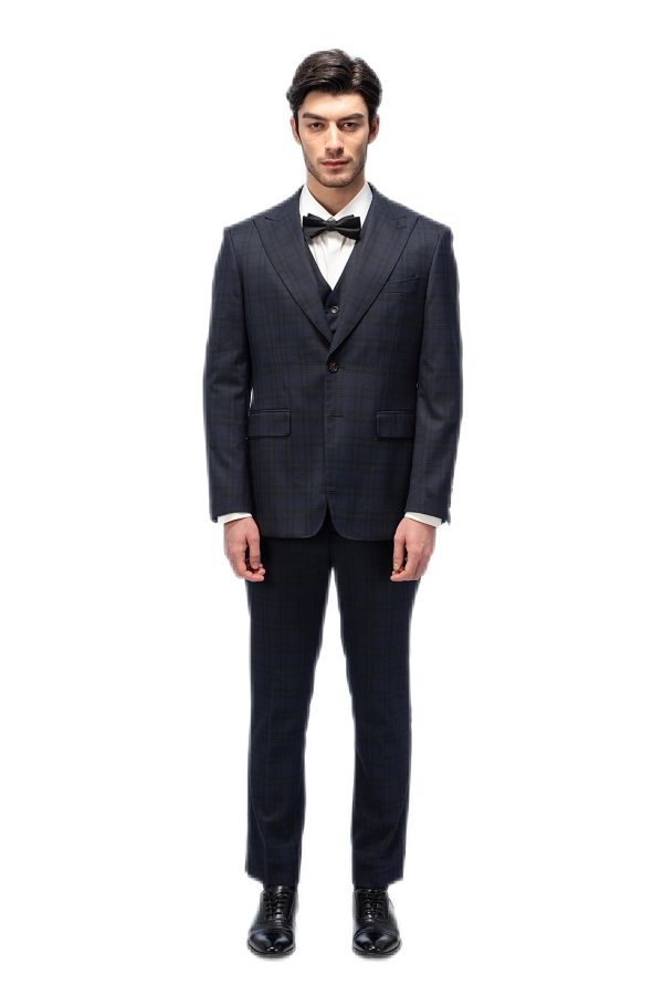 Dark Blue Plaid Closure Collar Suit
