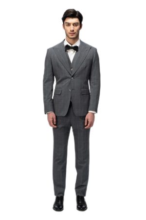 Dark Grey Striped Closure Collar Suit