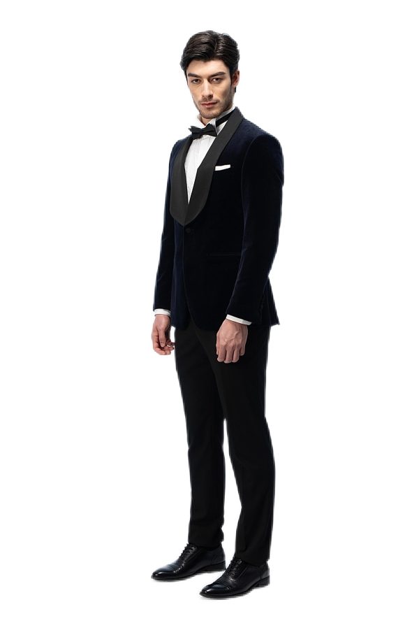 2-piece of Dark Blue Velvet Shawl Collar Tuxedo