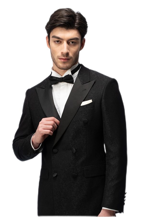 2-piece of Classic Black Closure Collar Brocade Double Breasted  Tuxedo
