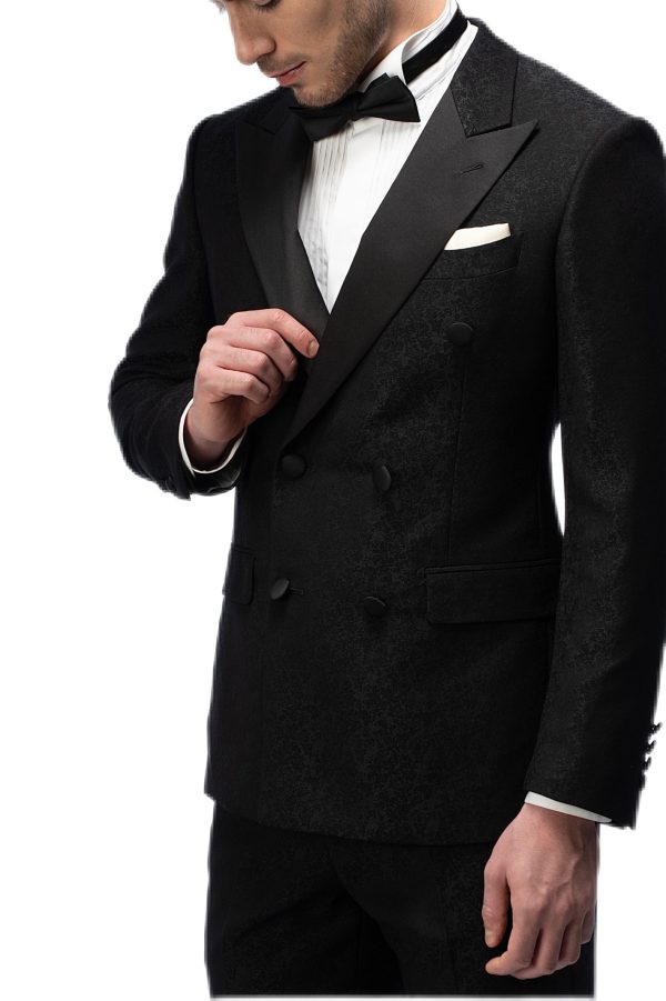 2-piece of Classic Black Closure Collar Brocade Double Breasted  Tuxedo