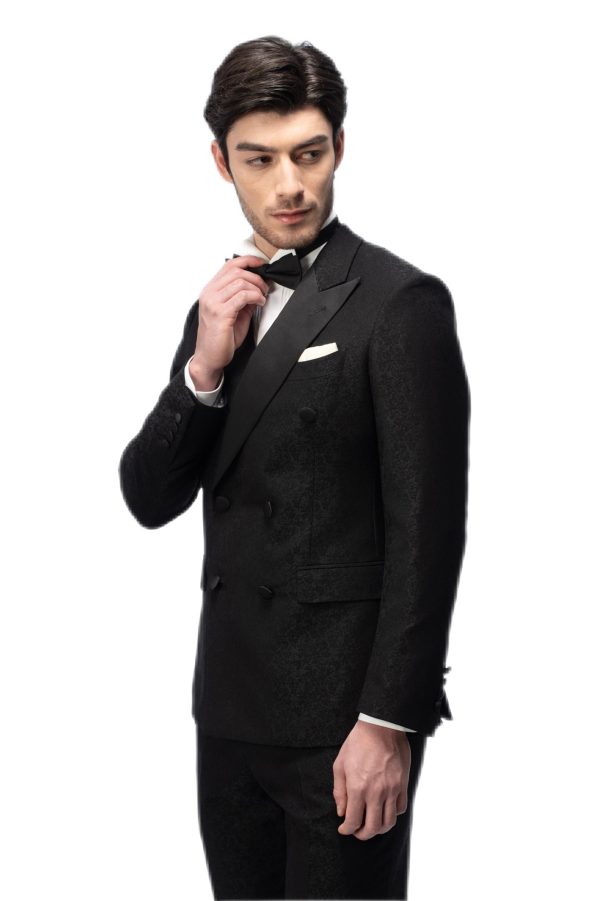 2-piece of Classic Black Closure Collar Brocade Double Breasted  Tuxedo