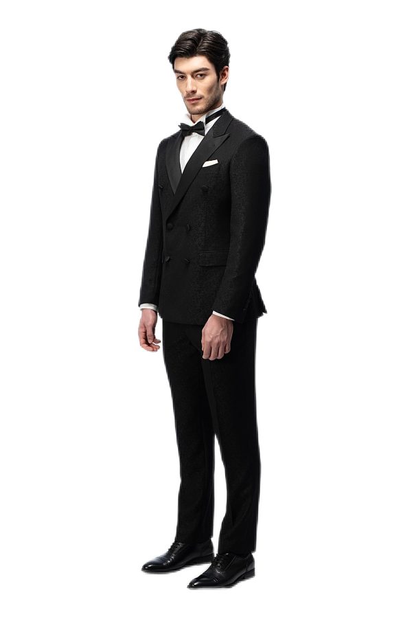 2-piece of Classic Black Closure Collar Brocade Double Breasted  Tuxedo