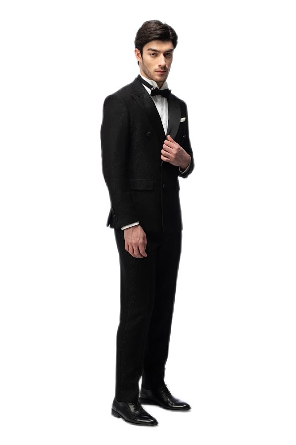 2-piece of Classic Black Closure Collar Brocade Double Breasted  Tuxedo
