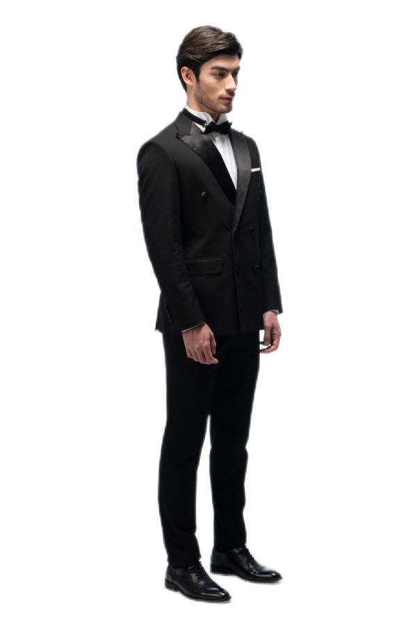 2-piece of Classic Black Silk Closure Collar Double Breasted Tuxedo