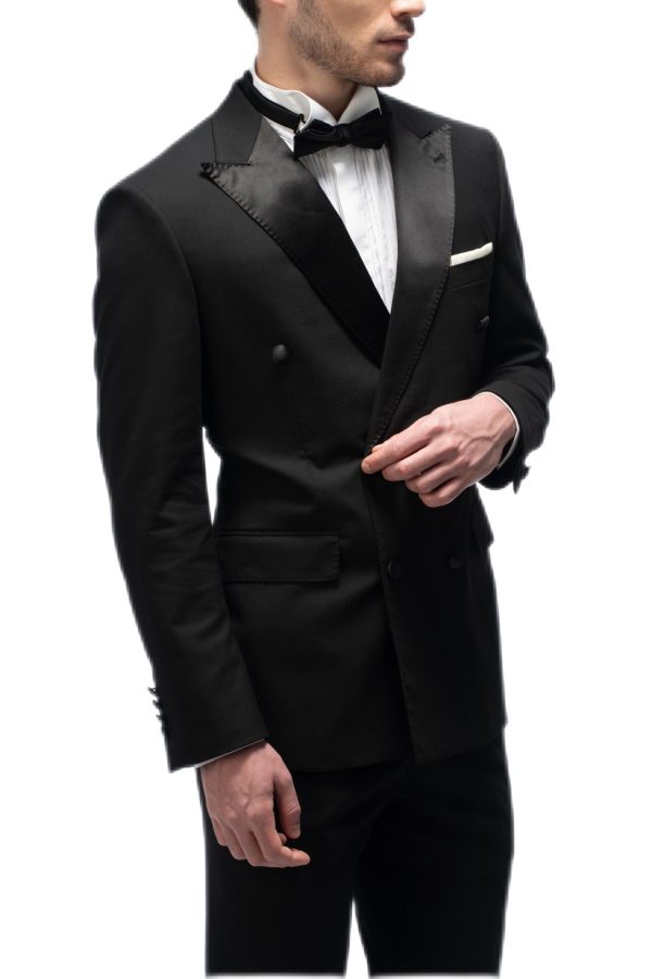 2-piece of Classic Black Silk Closure Collar Double Breasted Tuxedo