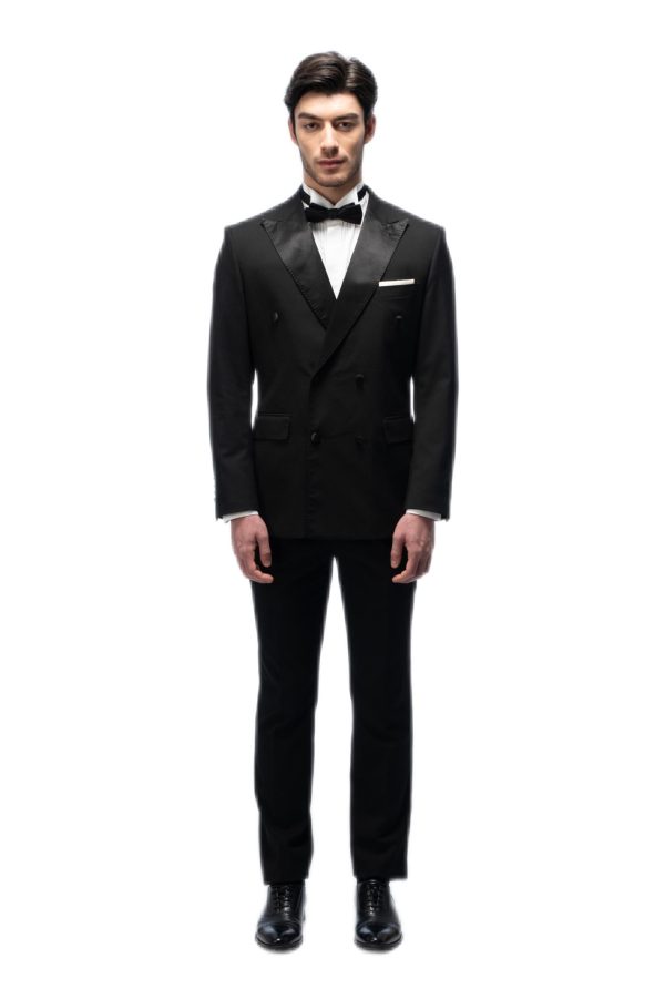 2-piece of Classic Black Silk Closure Collar Double Breasted Tuxedo