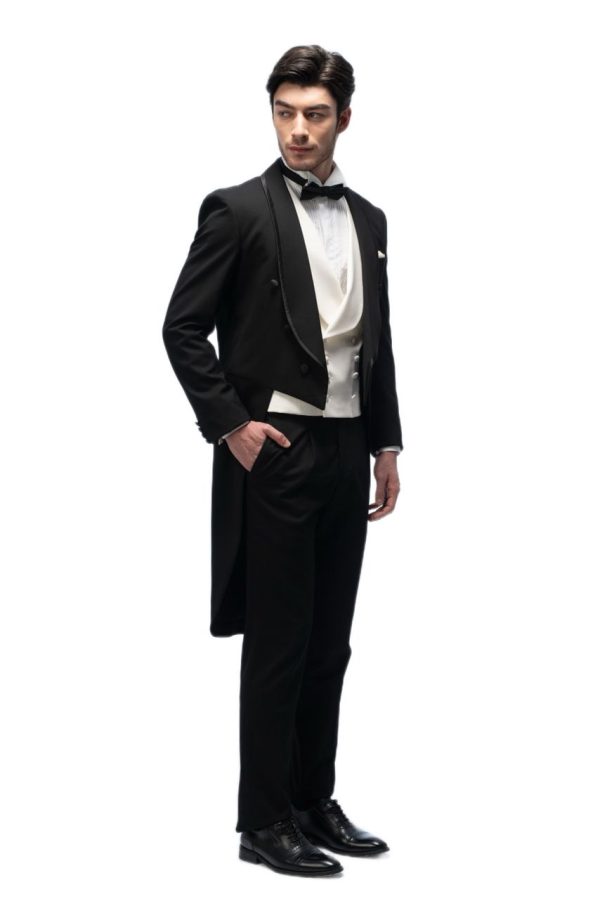 Black Shawl Collar Tailcoat with White Waistcoat