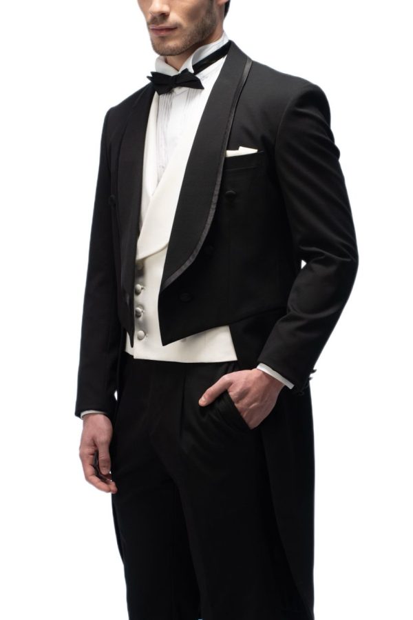 Black Shawl Collar Tailcoat with White Waistcoat