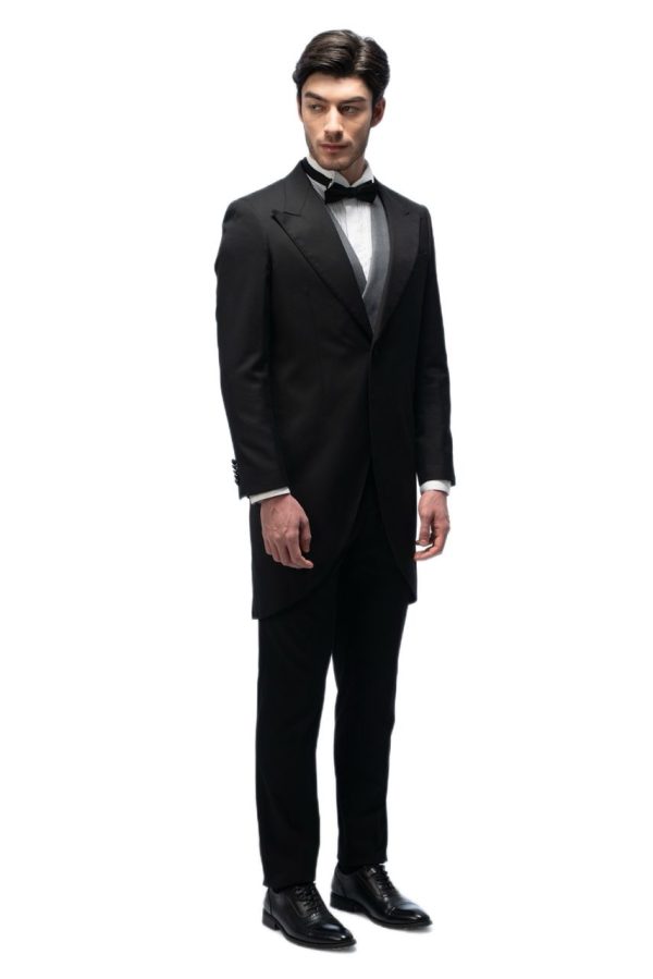 Black Closure Collar Tailcoat with Grey Waistcoat