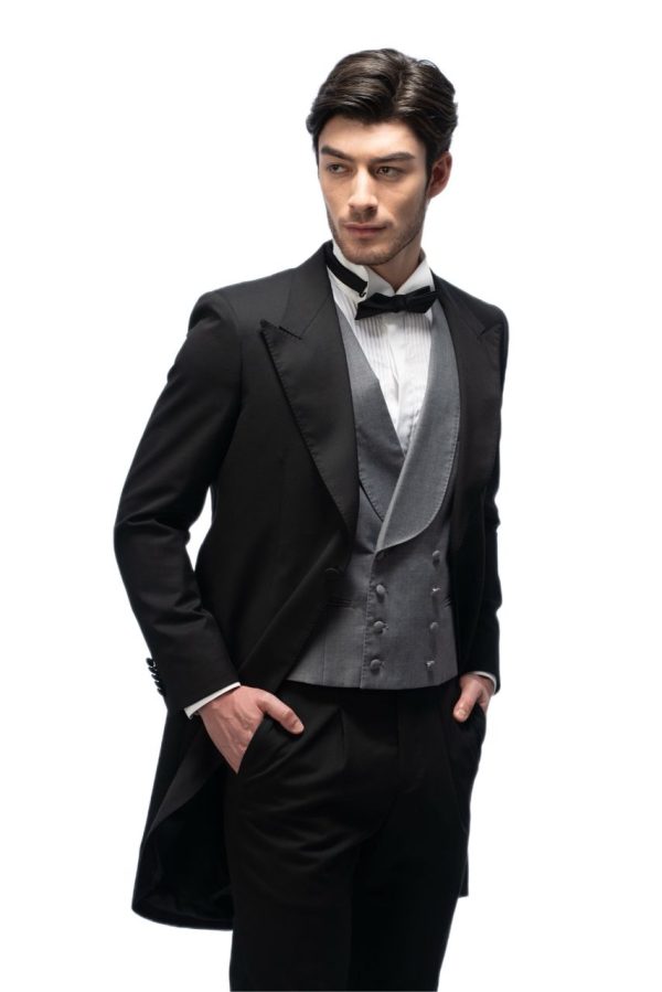 Black Closure Collar Tailcoat with Grey Waistcoat